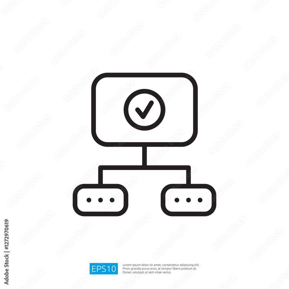 Poster minimalist icon representing network structure with check mark and connected nodes.a simple symbol f