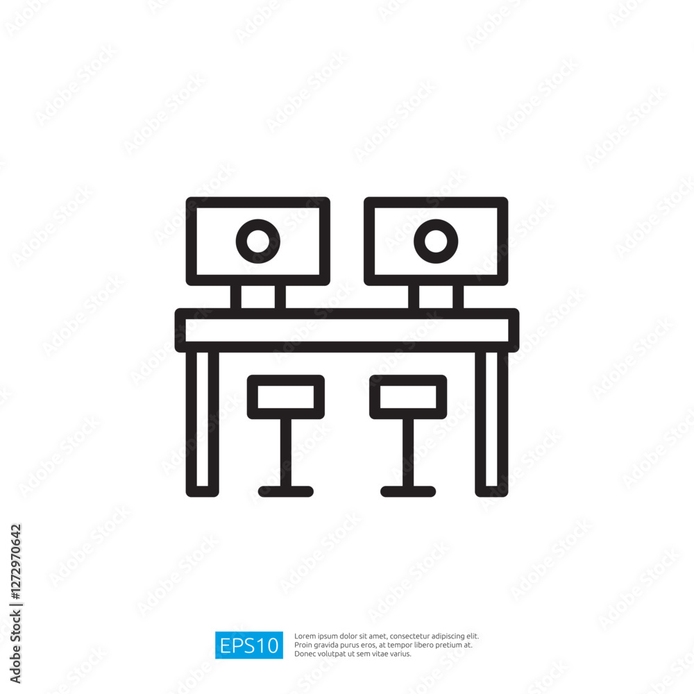 Poster minimalist icon of two computer monitors on a desk with stools in an office setting
