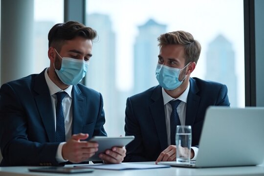 Two men office desk suits face masks tablet laptop work pandemic