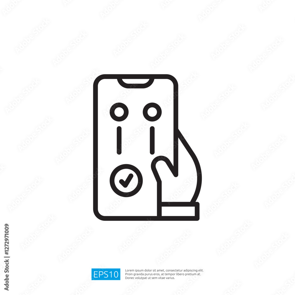 Poster hand holding mobile phone with adjustment controls and checkmark icon on a minimalist background for