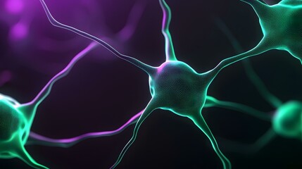 The image shows a stylized representation of neurons, or nerve cells, interconnected in a network.  Their connections are depicted as glowing teal and purple lines against a dark background.