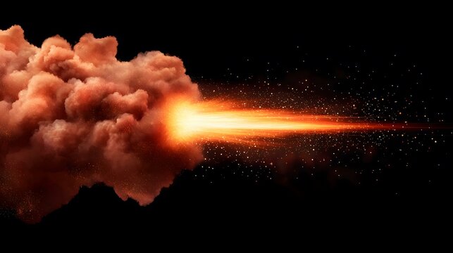 A fiery orange plume of smoke and glowing embers erupts from a bright, intense streak of light against a stark black background.