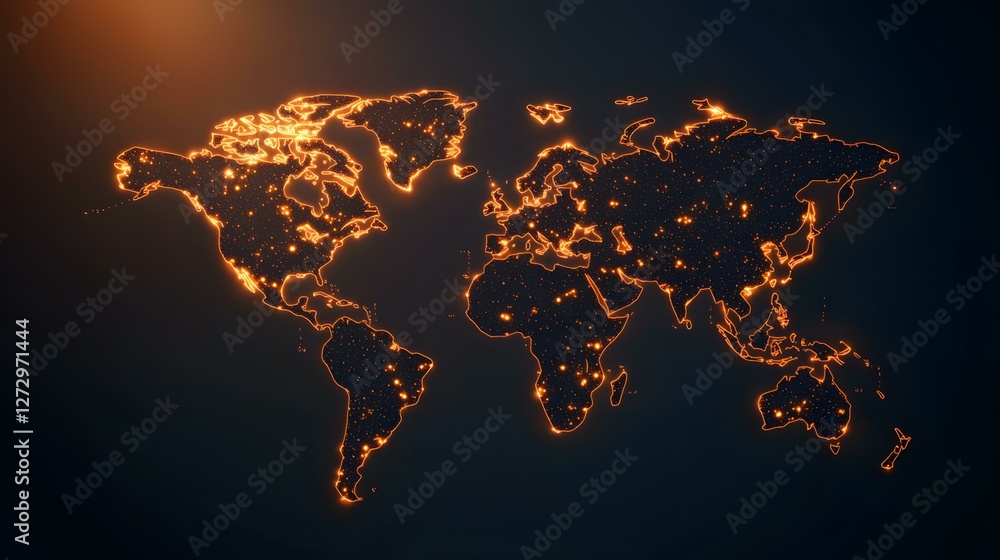Poster the image contains a stylized world map depicted with glowing orange lines and points of light, sugg