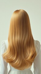 Naklejka premium Beautiful model girl with blond hair strand,silky healthy chestnut wavy hair strand,hair wavy ribbon, with smooth,Keratin straightening,Treatment,straight long hair,procedures,Smooth hairstyle.