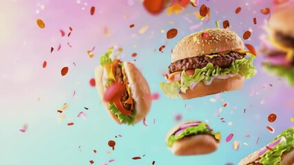 Flying tasty burgers with vegetables and cutlet on a pink background, video, animation