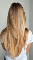 Naklejka premium Beautiful model girl with blond hair strand,silky healthy chestnut wavy hair strand,hair wavy ribbon, with smooth,Keratin straightening,Treatment,straight long hair,procedures,Smooth hairstyle.