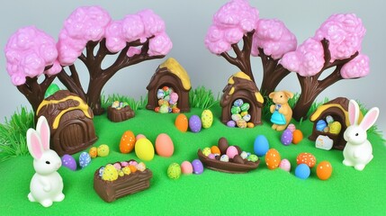Obraz premium Easter Egg Hunt Scene with Toy Bunnies and Colorful Decorations.