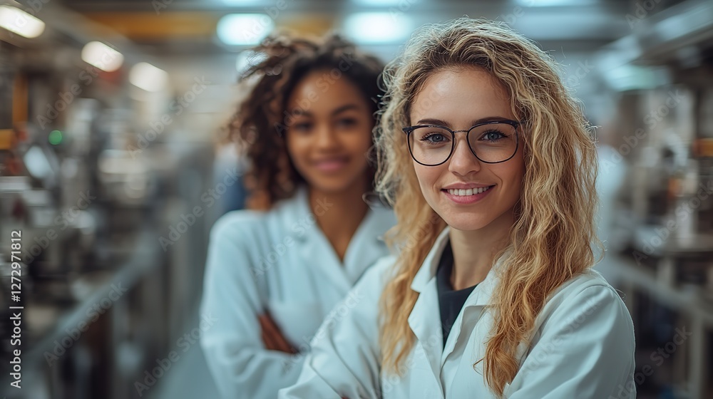 Poster industry 4 0 project engineer and female operator working together on smart factory production line 
