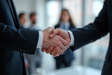 Two men shaking hands formal setting dark suit conference room