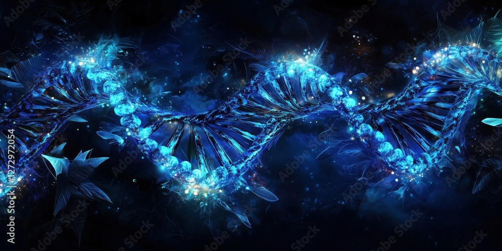 Poster blue glowing dna helix with abstract background and ethereal elements