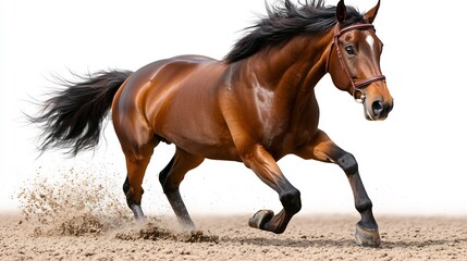 Obraz premium Powerful Bay Horse Mid Trot Displaying Dynamic Posture and Speed on White