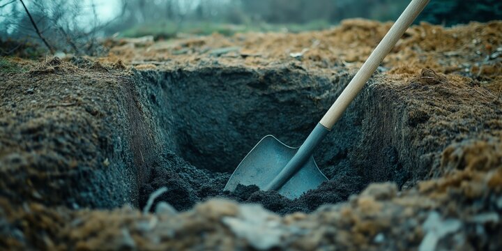 Freshly dug grave with a shovel beside it, awaiting burial, very deep big hole