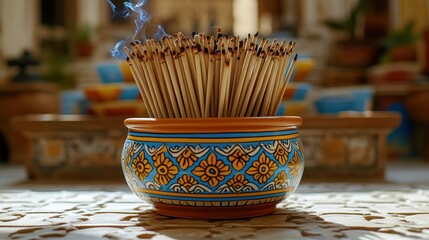 Incense sticks burning in ornate pot, temple