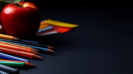 Red Apple with Pencils and Colorful Papers on Black Desk Background