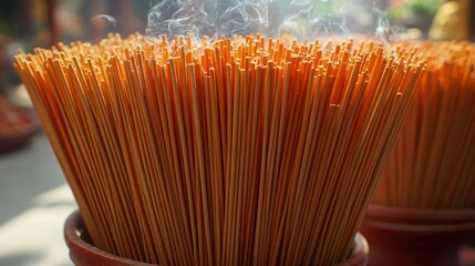 Incense sticks burning in temple, Asian religious practice