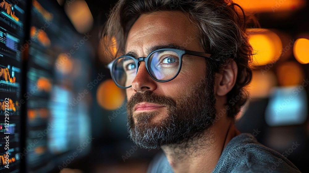 Poster innovative software engineer engaged in advanced programming at a high tech office with multiple dig