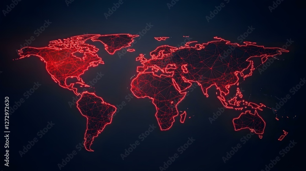Poster the image contains a world map depicted as a network of interconnected points and lines, glowing red