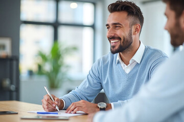 Fototapeta premium two men working in bright airy office space sweater pen