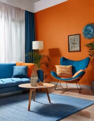 Orange and blue living room interior