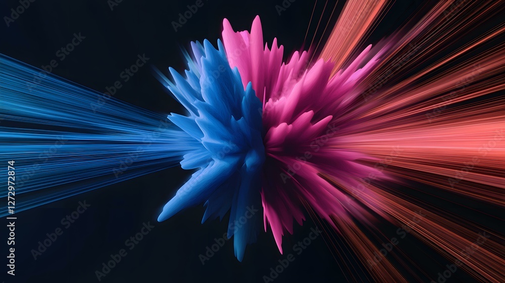 Poster the image shows an abstract representation of two colliding forces, visualized as vibrant blue and p