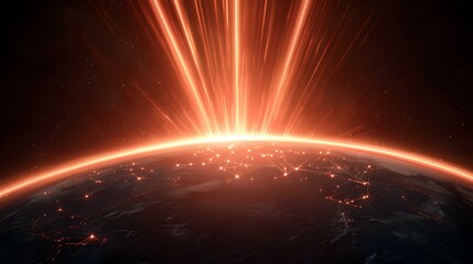 Obraz premium The image shows a stylized representation of Earth from space, bathed in warm, orange light emanating from above. A network of glowing lines connects illuminated points across the planet's surface,