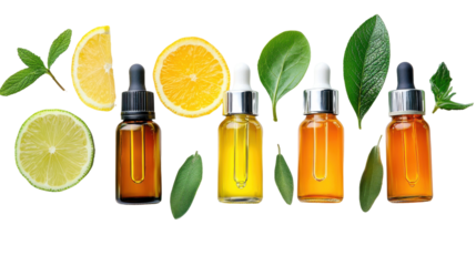 Essential oils with citrus fruits and leaves, perfect for aromatherapy and natural beauty care.
