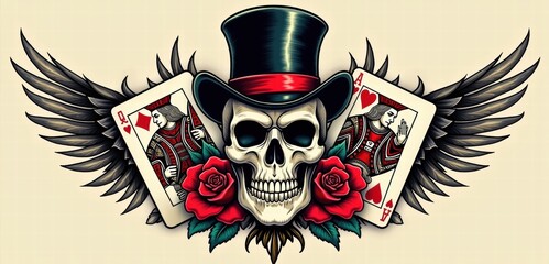 A striking tattoo design featuring a skull in a top hat, flanked by playing cards and roses. Perfect for apparel, tattoo shops, and edgy art projects.