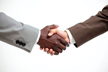 two people shaking hands against plain white background attire