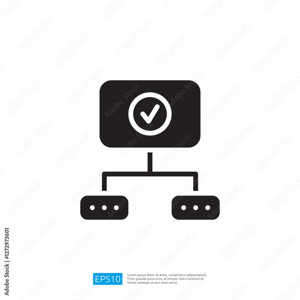 Poster minimalist icon of a network structure with a checkmark symbol in a solid color background.graphic d