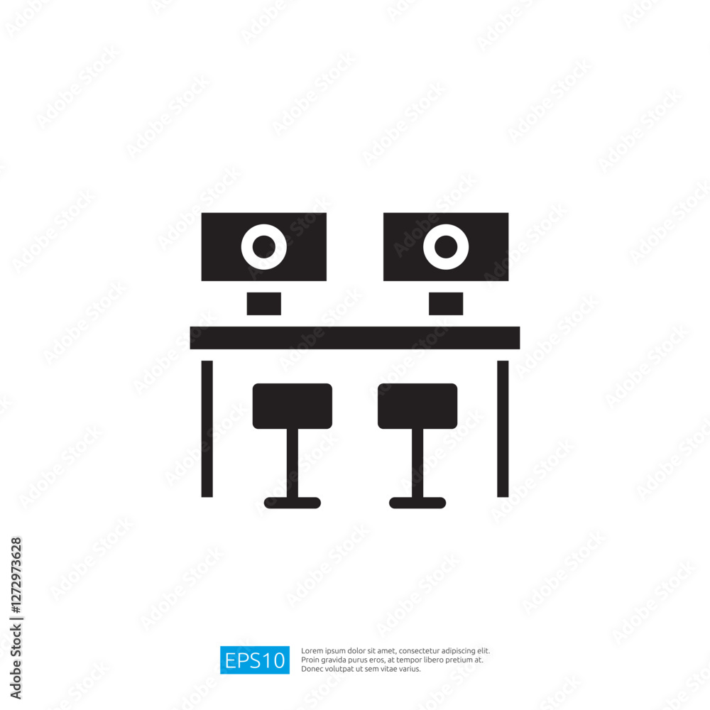 Poster minimalist icon of two desktop computers on a table with two chairs in monochrome style and colors s
