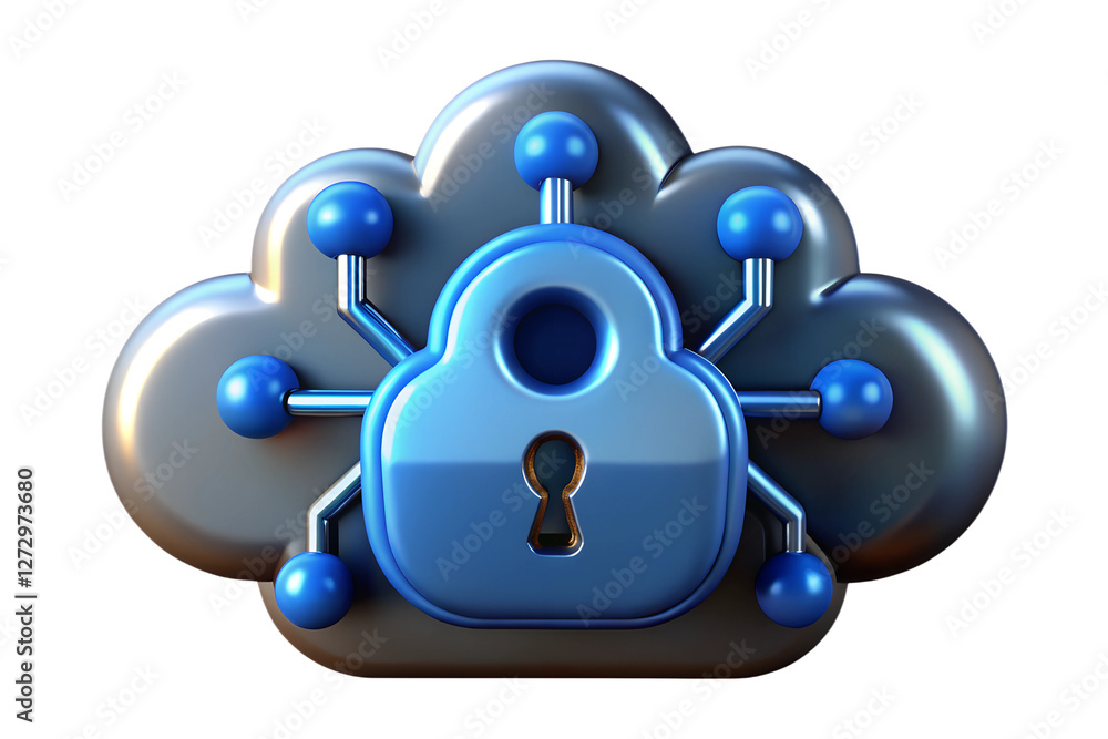 Poster secure cloud computing 3d render of padlock on networked cloud