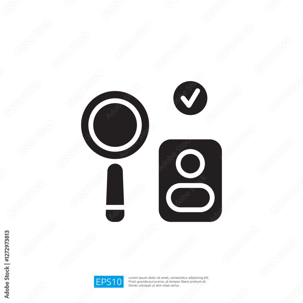 Poster minimalist icon magnifying glass next to profile check mark image verification confirmation icon des