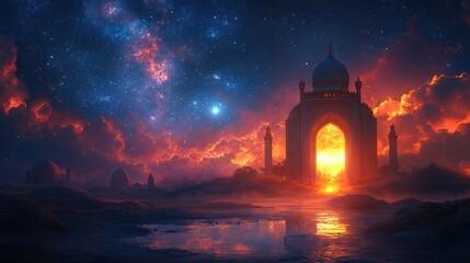 Fototapeta premium islamic ramadan greetings with ornamental door and galaxy sky background