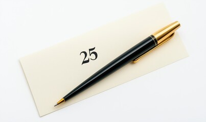 Elegant black pen with gold accents resting on cream card displaying number 25