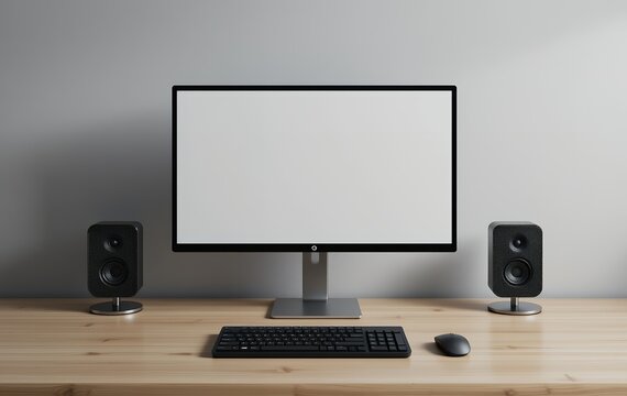 Minimalist workspace setup featuring a monitor, speakers, keyboard, and mouse