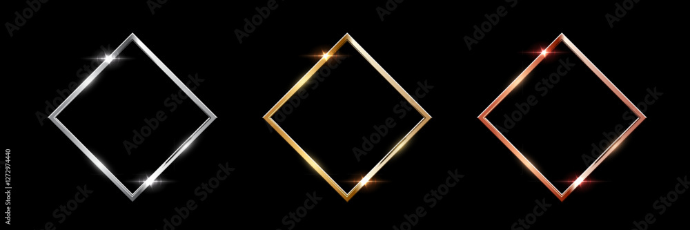 Aufkleber gold, silver and bronze square frames. metal thin photo or picture frames isolated on black backgrou