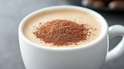 Close-up of cappuccino with cocoa, chocolates blurred background