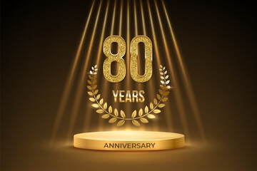 Anniversary gold award podium with glittering number 80. Eighty years celebration birthday or jubilee golden vector background. Luxury stage with laurel wreath and glowing rays on black.