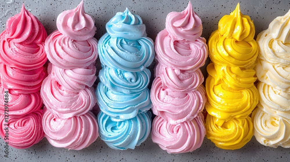 Poster a vibrant array of colorful cupcakes decorated with frosting and toppings on a festive display
