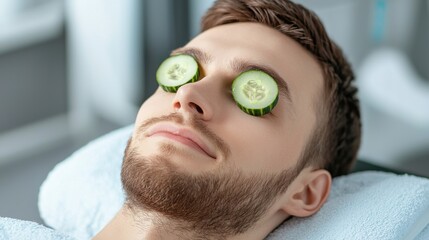 Man relaxing with cucumber slices on his eyes, enjoying a soothing spa treatment for relaxation and rejuvenation.