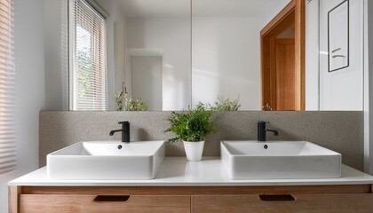 Fototapeta premium White bathroom interior with double sink, close up