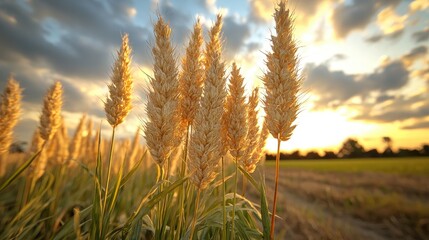 Fototapeta premium Golden wheat field sunset, rural landscape, harvest (1)