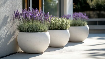 Three white plant pots with lavender and green plants, modern design, light gray, round shapes, concrete-style, sunlit terrace