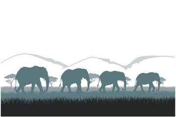 A vector silhouette of an elephant strolling through the grasslands, framed by the vast African forest,  Mountain background and white space, Cool colors.