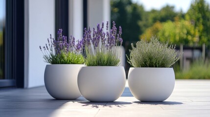 Three white plant round matt pots in different sizes, featuring a modern design, are placed on the terrace with plants inside them. One pot is medium-sized and has lavender growing out of it.