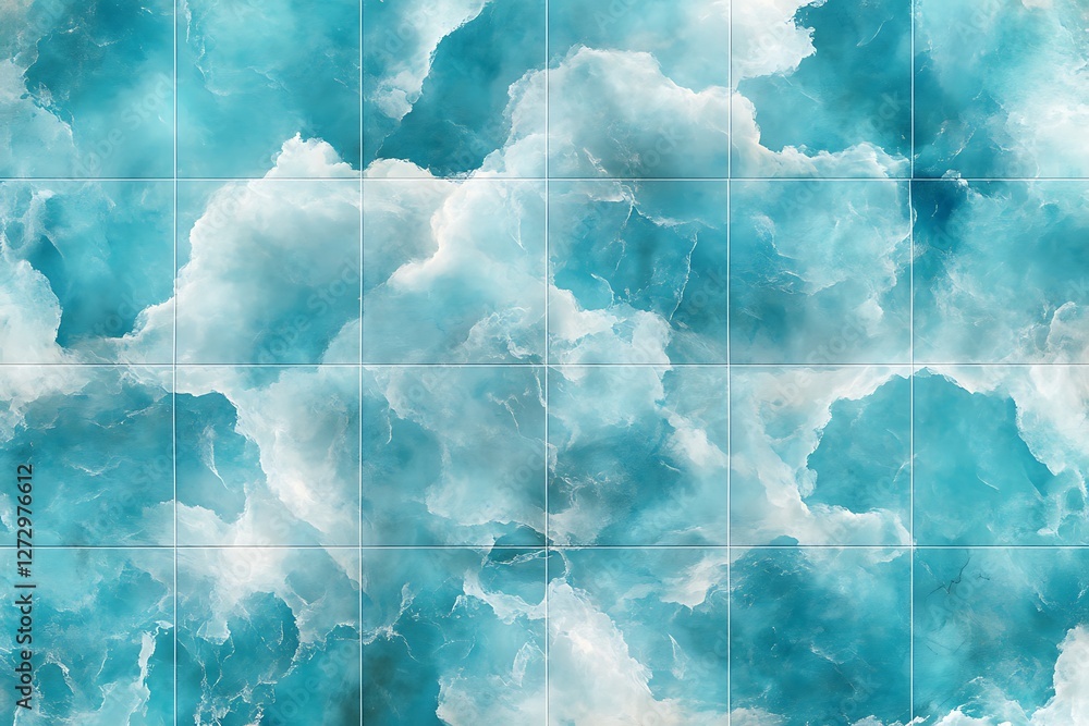 Poster abstract blue background with a pattern of ice cubes and white clouds