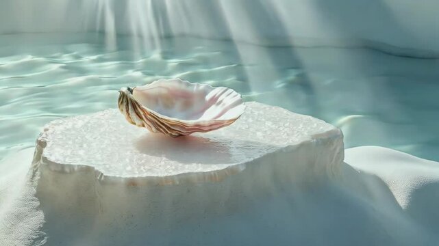 A pearl platform and podium with a pink oyster shell placed on white sand, reflecting the sparkle of water on the ocean floor