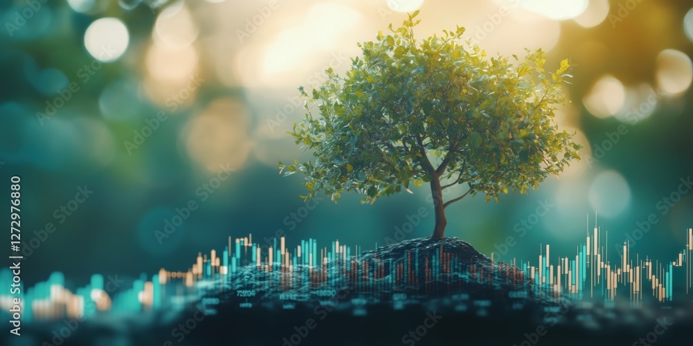 Poster tree on a mound with digital data visualization representing growth and nature