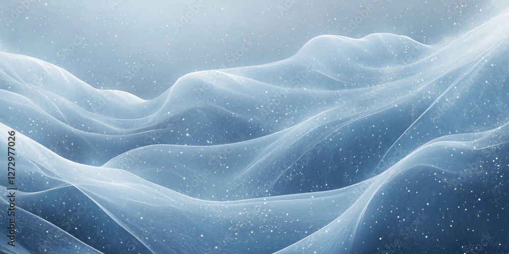 Poster ethereal blue waves with soft textures and sparkling particles in serene atmosphere