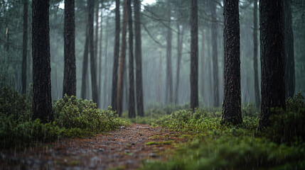 Obraz premium Whispering pines in a tranquil rainforest during a gentle autumn rain